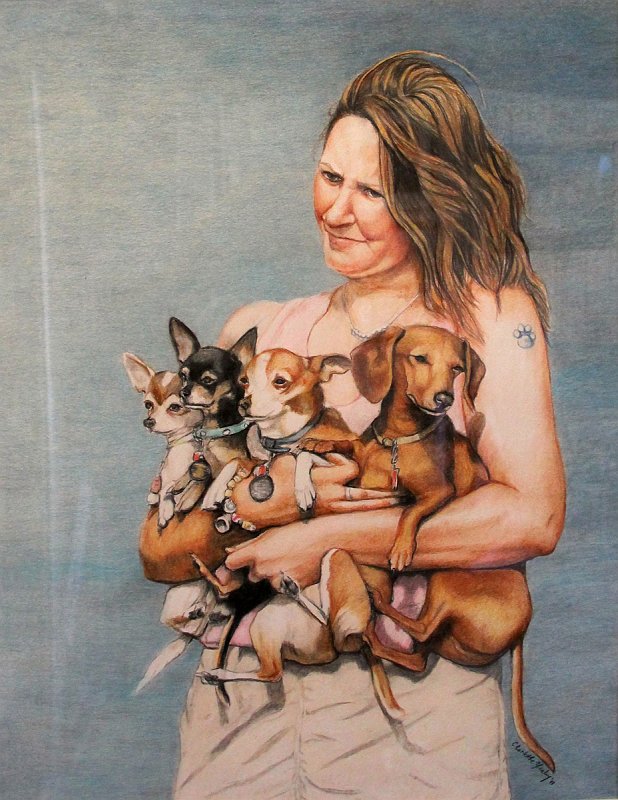 "Girl with 4 Dogs"